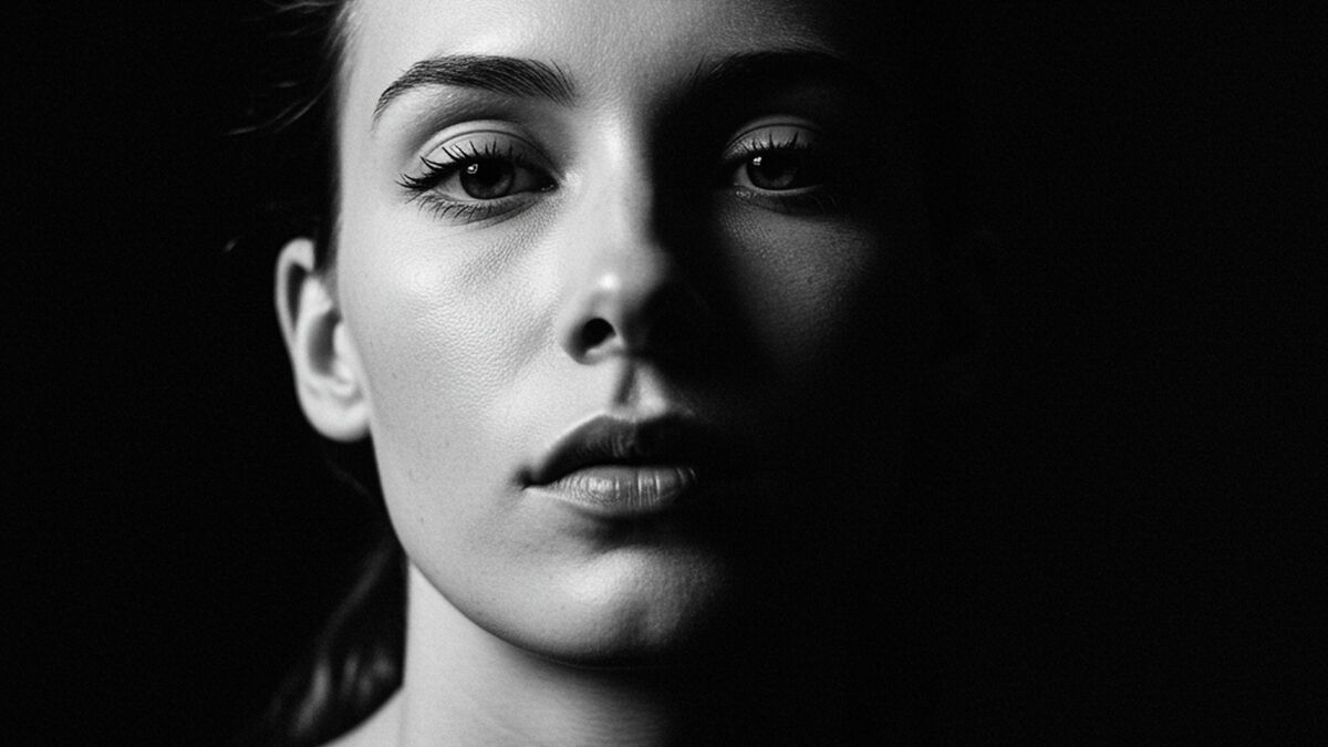 Schwarzweiß-Porträt einer jungen Frau in Frontalansicht, eine Gesichtshälfte im Schatten, mit starkem Hell-Dunkel-Kontrast – KI-generiertes Bild.