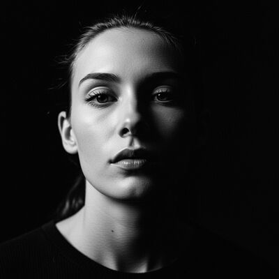 Schwarzweiß-Porträt einer jungen Frau in Frontalansicht, eine Gesichtshälfte im Schatten, mit starkem Hell-Dunkel-Kontrast – KI-generiertes Bild.