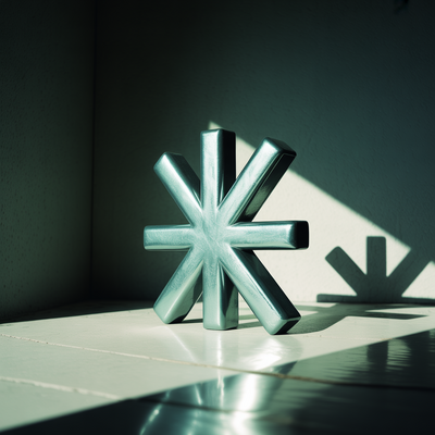 KI generiert es Bild - Metallic-türkises Sternsymbol aus acht gleich langen Armen, das im schrägen Sonnenlicht auf einem hellen Boden steht und einen deutlichen Schatten wirft.