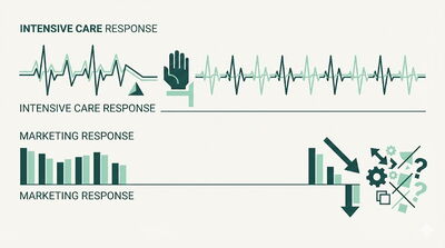KI generierter Vergleich zwischen Intensivpflege und Marketing: Oben ein EKG-ähnlicher Verlauf mit Notfall-Symbolen als ‚Intensive Care Response‘, unten Balkendiagramme und fallende Pfeile als ‚Marketing Response‘, die Chaos und sinkende Performance