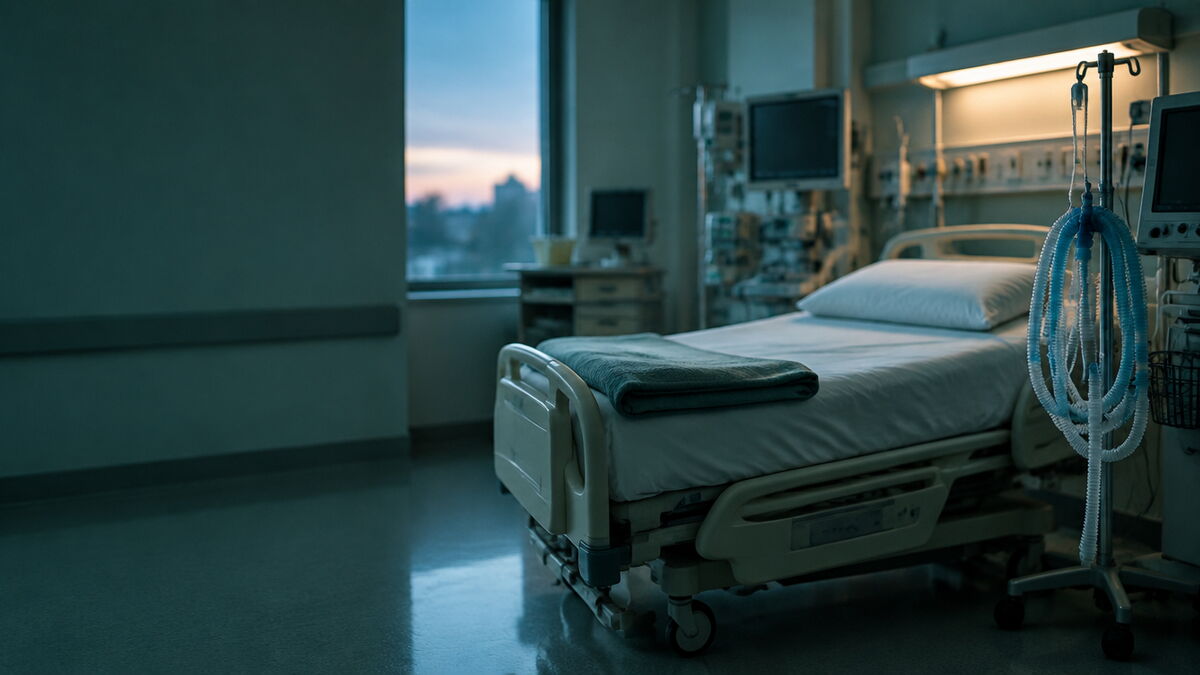 Leeres Intensivpflegezimmer mit Krankenhausbett, medizinischen Monitoren und Beatmungsschläuchen in gedämpfter Beleuchtung.“