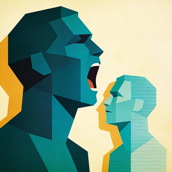 Abstrakte KI Illustration von zwei gegenüberstehenden Personen, eine groß und laut, die andere kleiner und ruhig dargestellt.