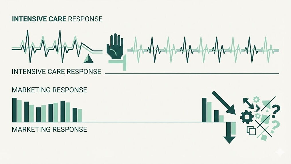 KI generierter Vergleich zwischen Intensivpflege und Marketing: Oben ein EKG-ähnlicher Verlauf mit Notfall-Symbolen als ‚Intensive Care Response‘, unten Balkendiagramme und fallende Pfeile als ‚Marketing Response‘, die Chaos und sinkende Performance