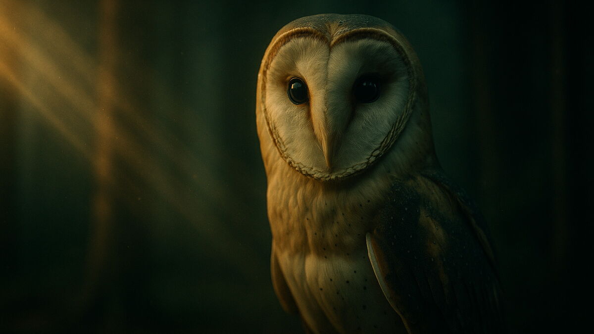 Nahaufnahme einer KI generierten Schleiereule, die in einem dunklen, nebeligen Wald im warmen Seitenlicht steht und mit großen Augen in die Kamera blickt. Symbol für Klarheit, Fokus und Empathie in der Marken- und Führungsarbeit.