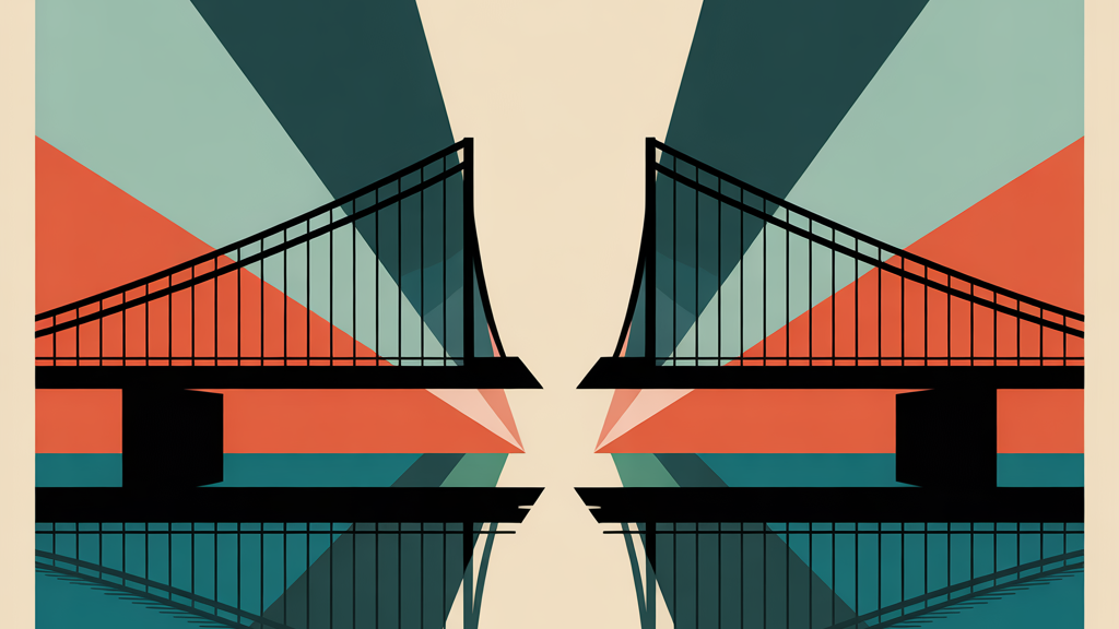 KI generierte grafische Illustration von zwei gegenüberliegenden Brücken, die sich symmetrisch spiegeln. Die Konstruktion ist in klaren geometrischen Formen gehalten, mit farbigen Flächen in Türkis, Rot und Beige, die strahlenförmig dahinter sind.