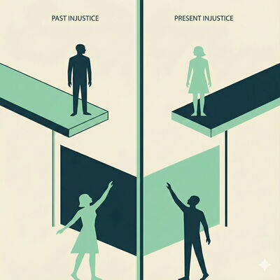 KI Illustration zweier Personenpaare auf zwei Ebenen: Links steht ein Mann oben, während eine Frau unten nach oben greift („Past Injustice“). Rechts steht eine Frau oben, während ein Mann unten nach oben greift („Present Injustice“). Die Grafik visualisie