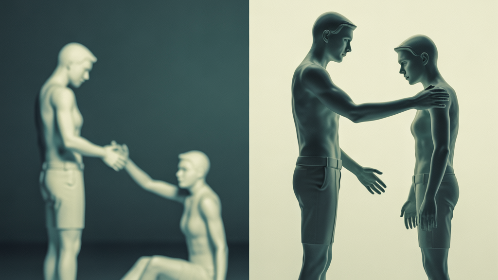 KI: Gegenüberstellung zweier Szenen: Links hilft eine stehende Person einer sitzenden Person beim Aufstehen. Rechts legt eine stehende Person einer anderen beruhigend die Hand auf die Schulter. Die Wörter „Helfen“ und „Kümmern“ stehen jeweils darüber.