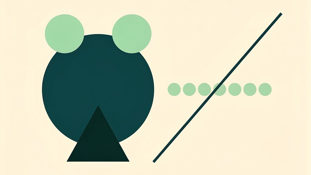 Abstrakte grafische Komposition im Bauhaus-Stil mit Kreisen, einem Dreieck, einer diagonalen Linie und einer Reihe kleiner Punkte in Grün- und Schwarztönen auf hellem Hintergrund.“