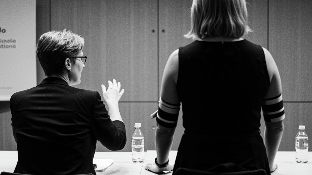 Schwarzweiß-KI-Fotografie von zwei Personen an einem Tisch in einem Konferenzraum, eine Person sitzend gestikulierend, die andere stehend, mit Wasserflaschen auf dem Tisch.